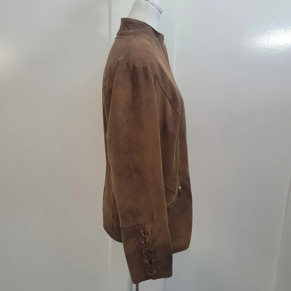 Chico's Size 2 US 12/14 Suede Moto Jacket‎ Brown Faux Leather Western Minimalist